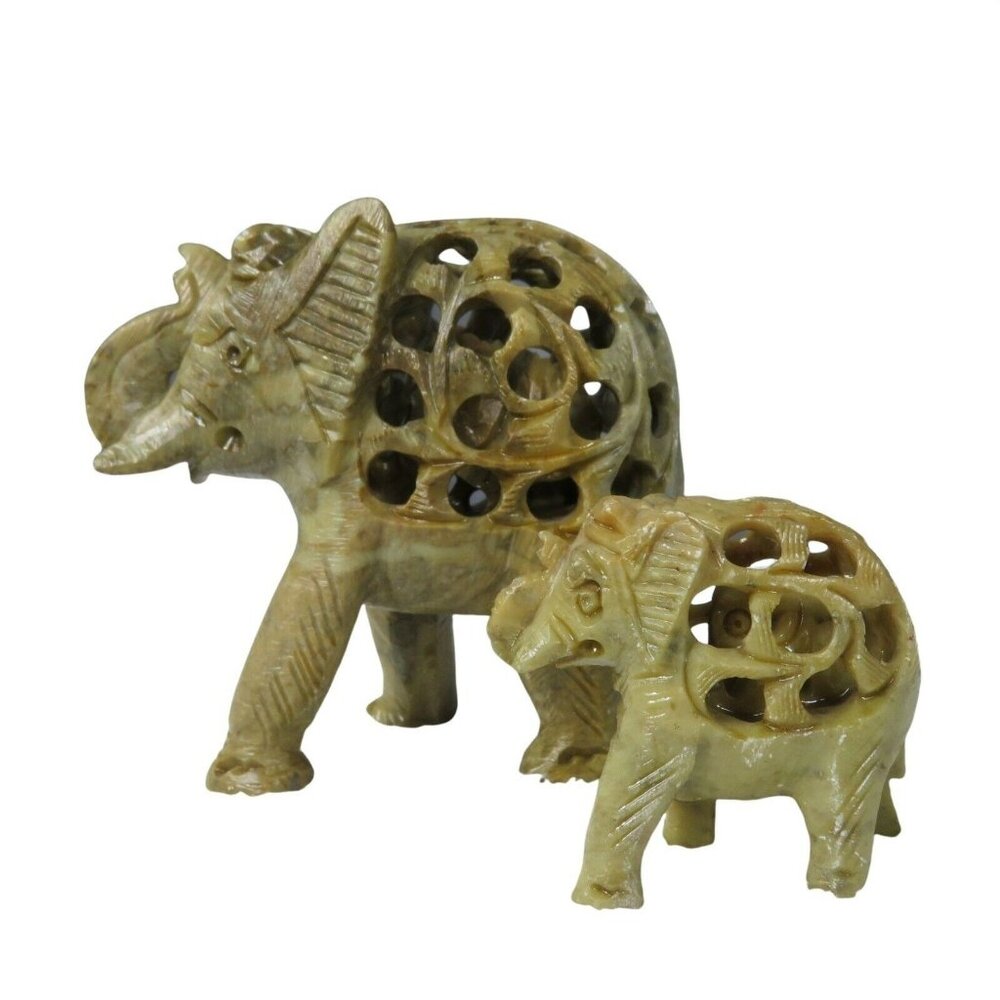 Hand-Carved Soapstone Elephant Figurines Set of 2 With Intricate Openwork Design